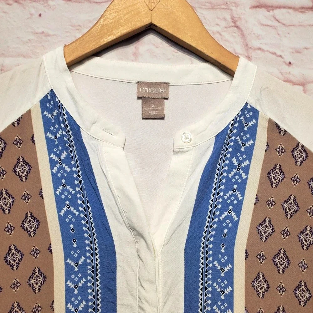Chicos Boho Patchwork Tunic Top Large Blue Paisley Artsy Coastal Cottagecore - Picture 5 of 11